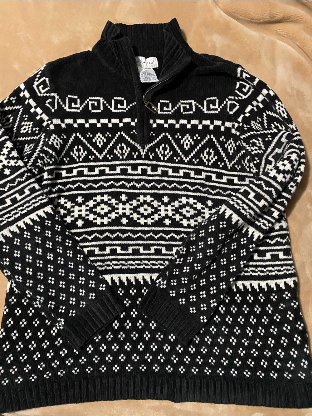 White Stag Black and White Geometric Half-Zip Sweater Sz M